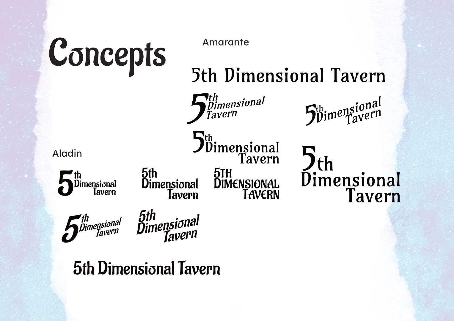 Konzeptskizzen. Gezeigt sind Logos mit verschiedenen Typographie bzw. mit die Schriftarten Aladin und Amarante.